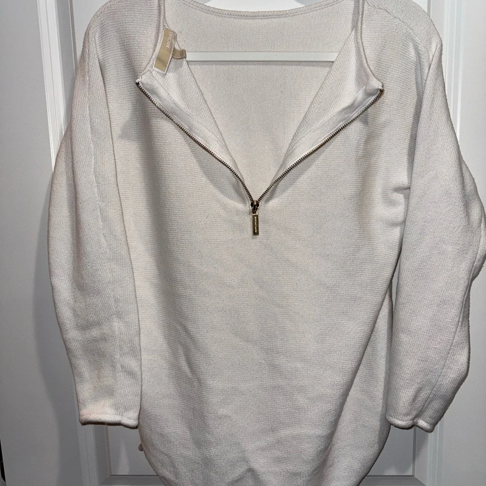Micheal Kors Women White Crew neck sweater with zip up back top size Small